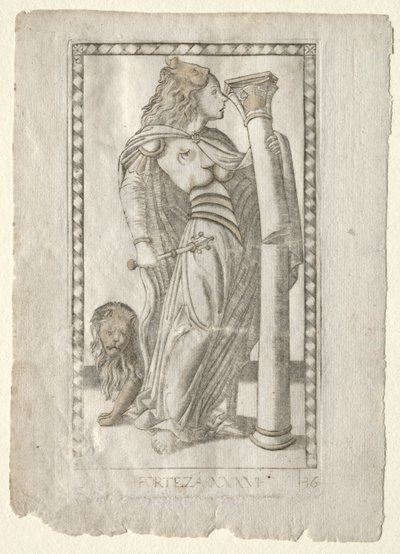Forteza uit de Tarocchi, serie B: Kosmische Principes & Deugden, #36, voor 1467 door Master of the E Series Tarocchi
