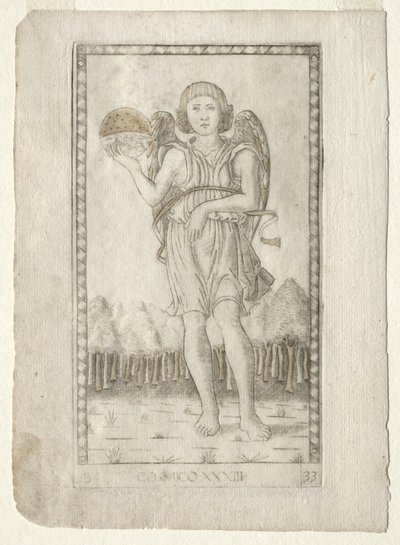 Genius van de Wereld uit de Tarocchi, serie B: Kosmische Principes & Deugden, #33, voor 1467 door Master of the E Series Tarocchi