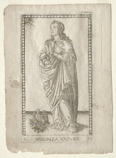 Hoop uit de Tarocchi, serie B: Kosmische principes & deugden, #39, voor 1467 door Master of the E Series Tarocchi