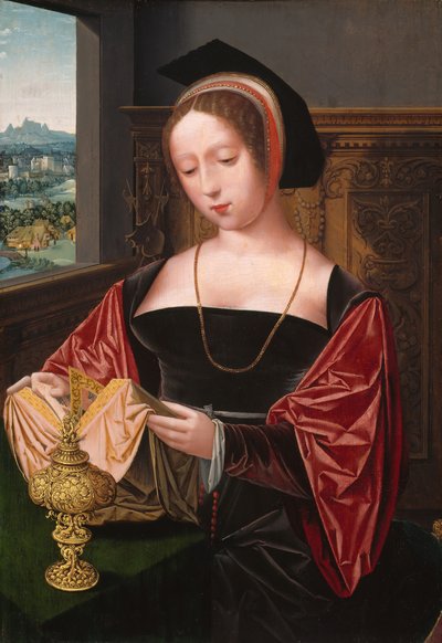 Een dame leest Sint Maria Magdalena, ca. 1530 door Master of the Female Half Lengths