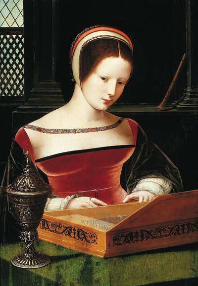 Dame die op een clavichord speelt. door Master of the Female Half Lengths