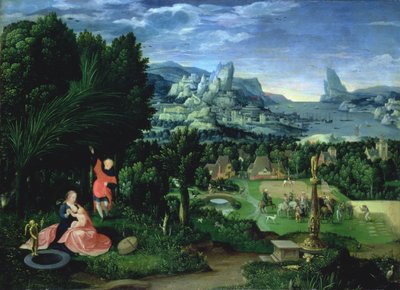 De rust tijdens de vlucht naar Egypte, landschap geschilderd door Joachim Patinir door Master of the Female Half Lengths
