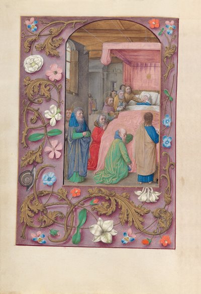 Getijdenboek van koningin Isabella de Katholieke, koningin van Spanje: Fol. 154v, De dood van de Maagd, ca. 1500 door Master of the First Prayerbook of Maximillian