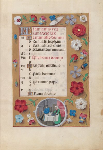 Getijdenboek van Koningin Isabella de Katholieke, Koningin van Spanje: Fol. 2r, Januari - Feest, ca. 1500 door Master of the First Prayerbook of Maximillian