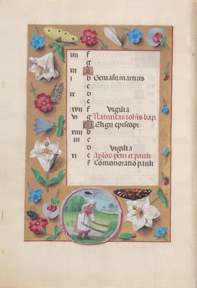 Uren van koningin Isabella de Katholieke, koningin van Spanje: Fol. 7v, juni, ca. 1500 door Master of the First Prayerbook of Maximillian