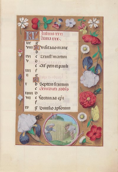 Uren van koningin Isabella de Katholieke, koningin van Spanje: Fol. 8r, juli - Tarwe oogsten, c. 1500 door Master of the First Prayerbook of Maximillian