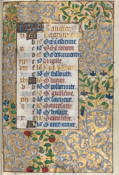 Getijdenboek Gebruik van Rouen: fol. 1r, Uitgebreide Gebladerde Rand door Master of the Geneva Latini