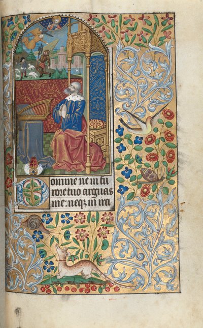 Getijdenboek Gebruik van Rouen: fol. 80r, David Berouwvol, in de Verte David die Goliath Doodt, c1470 door Master of the Geneva Latini