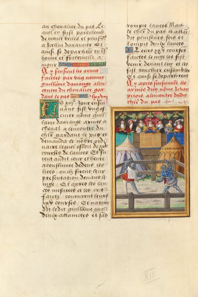 Jacques de Lalaing in gevecht met jonkheer Jean Pitois bij de Wapenoverdracht van de Tranenfontein door Master of the Getty Lalaing