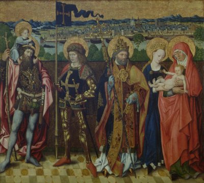 St. Anna, de Maagd en Kind, St. Christoffel, St. Gereon en St. Petrus in een landschap, met uitzicht op Keulen en de Zeven Heuvels, ca.1460-80 door Master of the Glorification of Mary