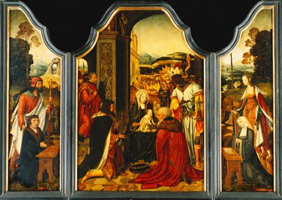 Drieluik: Aanbidding der Wijzen, met St. Jacobus die de schenker presenteert en St. Catharina van Alexandrië die de vrouw en twee dochters van de schenker presenteert door Master of the Holy Blood
