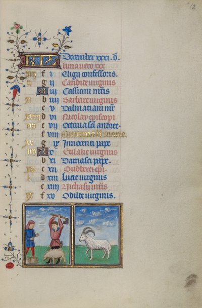 Kalenderblad voor december; Een varken slachten; Steenbok door Master of the Lee Hours