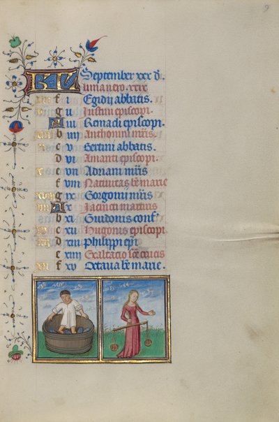 Kalenderblad voor september; Wijn maken; Weegschaal door Master of the Lee Hours