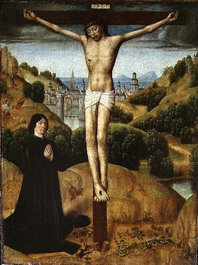 Christus aan het kruis met een schenker door Master of the Legend of St. Ursula