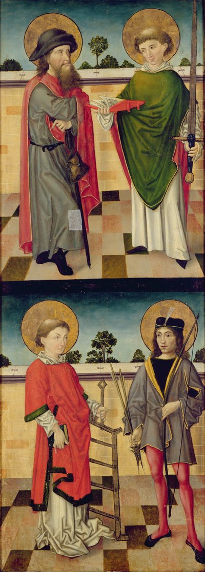Boven: St. Jacob als pelgrim en St. Matthew met een boek en een zwaard; Onder: St. Lawrence met een rooster en St. Sebastian met een boog en pijl, achterkant van een paneel van een altaarstuk door Master of the Luneburg Footwashers