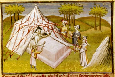 De Mongoolse leider Dzjengis Khan op zijn sterfbed geeft zijn laatste aanbevelingen aan zijn zonen, ca. 1410 (miniatuur) door Master of the Mazarine