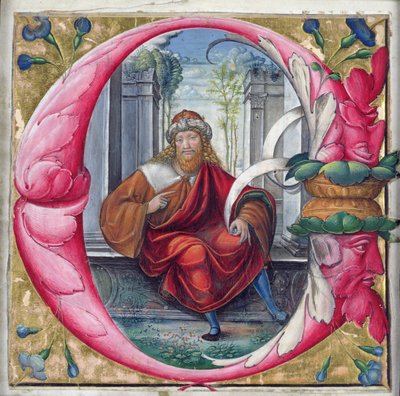 Geïllustreerde initiaal C of O met afbeelding van koning David door Master of the Monogram B.F