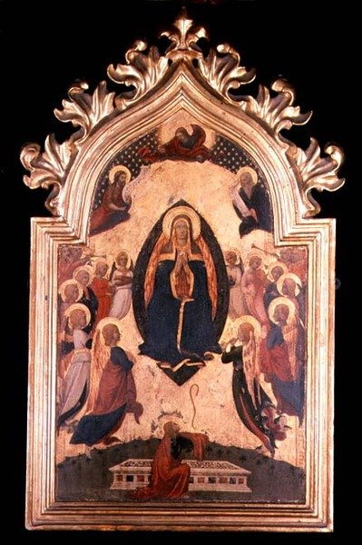 Madonna in een mandorla met muziek makende engelen door Master of the Osservanza