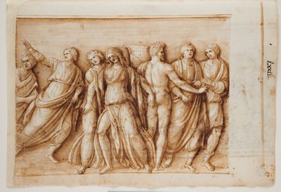 Folio 61, recto: de terugkeer van Meleager van een Romeins sarcofaag, Rome, Palazzo Barberini, ca. 1512-17 (pen en bruine inkt met bruine was) door Master of the Oxford Album