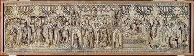 Het altaar van Narbonne: Christus gevangen genomen, bespot, doornenkroon, kruisiging, graflegging, wederopstanding ... door Master of the Parement of Narbonne