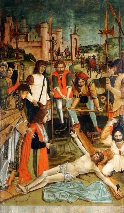Christus aan het Kruis genageld met een Donor met zijn Arm in een Mitella gepresenteerd door een Priester door Master of the Pavia Deposition