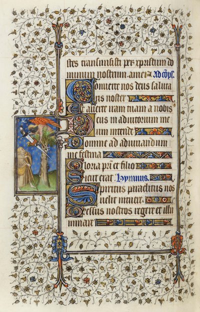 Ms 62 f.132v Gevleugeld figuur in een boomtop met boek doorboord door een zwaard, uit de 