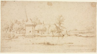 Landschap met een ommuurd dorp door Master of the Small Landscapes
