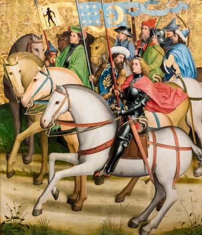 De Drie Wijzen en hun gevolg, circa 1450/55 (Tempera en olieverf op vurenhout) door Master of the Sterzing Altarpiece
