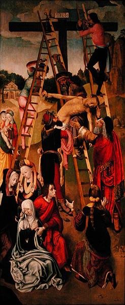 De Kruisafneming, zijpaneel van een drieluik, ca. 1490s (detail) door Master of the Virgo Inter Virgines