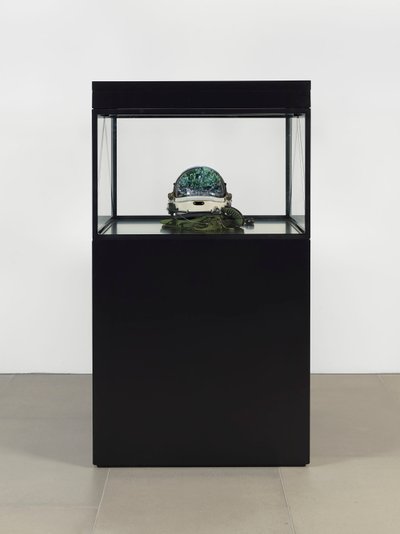 Alpha Omega, 2016 (Glas, LCD-scherm, mediaspeler, replica schedel, ruimtehelm, hout) door Mat Collishaw