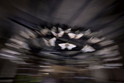 Toverlantaarn, 2010 (stalen frame, geperforeerde aluminiumplaat, geëxpandeerde hars, LED-verlichting, motor) door Mat Collishaw