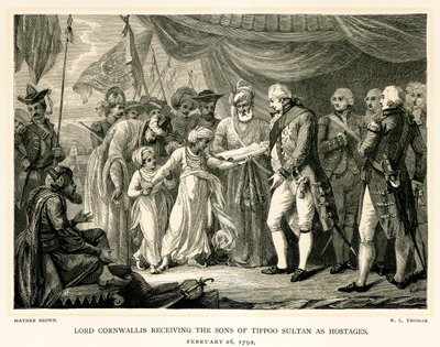 Lord Cornwallis ontvangt de zonen van Tippoo Sultan als gijzelaars door Mather Brown