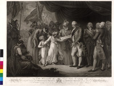 De zonen van sultan Tipu overhandigen Lord Cornwallis als gijzelaar door Mather Brown