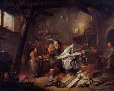 Interieur van een laboratorium van een alchemist door Matheus van Helmont