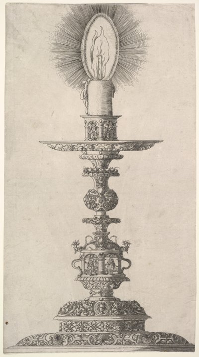 Kandelaar met brandende kaars uit: Insigne Ac Plane Novum Opus Cratero graphicum, Ein n..., 1551 door Mathias Zundt