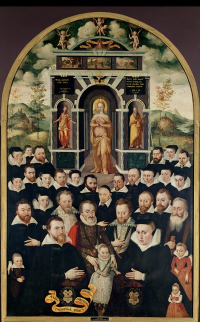 Allegorisch paneel met de Maagd, Henri IV (1553-1610) en hovelingen, schenkers, zijn vrouw en leden van hun familie door Mathieu Prieur