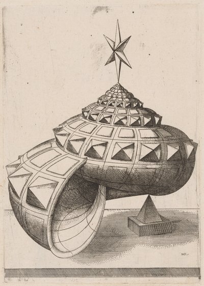Een perspectief van een gefacetteerde slakkenhuisbalans op een piramide door Mathis Zündt, after Hans Lencker