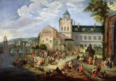 Markt aan de oever van een rivier door Mathys Schoevaerdts