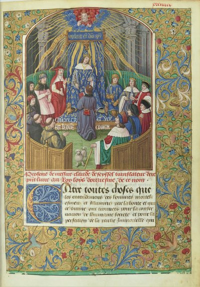 Xenophons Anabasis vertaald door Claude de Seyssel: opdrachtscène, het manuscript is een geschenk van de vertaler aan Lodewijk XII. door Maitre de Philippe de Gueldre