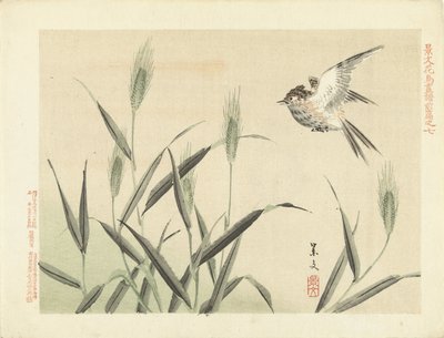Vogel vliegend bij grassen door Matsumura Keibun