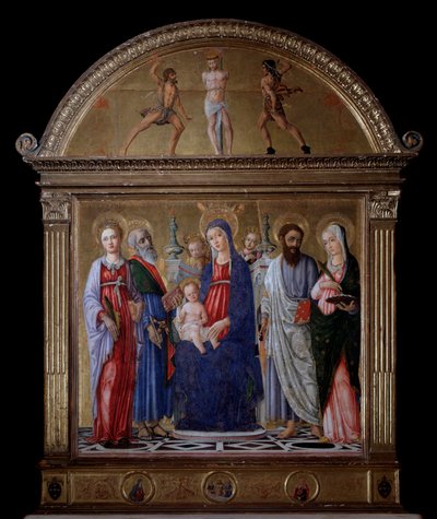 Maagd met kind en St. Bartholomeus, St. Catharina, St. Lucia en St. Mattheüs - Altaarstuk door Matteo di Giovanni di Bartolo