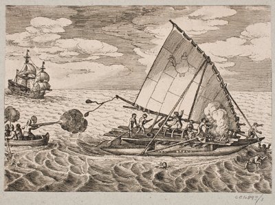 Hollanders veroveren schip met wilde mensen en kinderen door Matthäus Merian d.Æ.