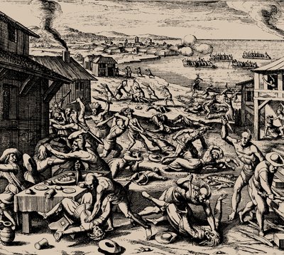 Powhatan-aanval op 22 maart 1622, 1628 door Matthaus the Elder Merian