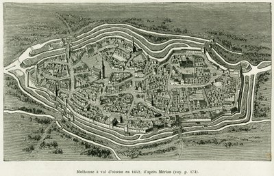 Mulhouse vliegt in 1642. Gravure door Matthaus Merian (1593-1650) ter illustratie van het verhaal 