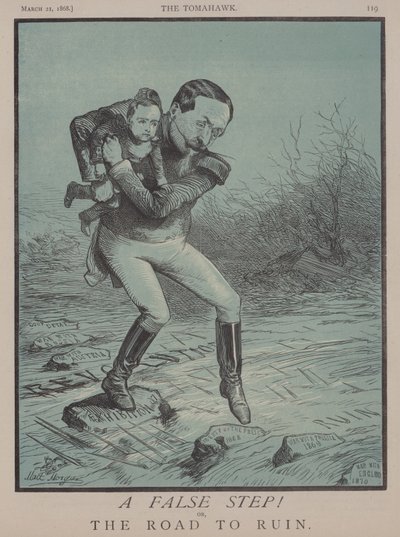 Een Verkeerde Stap! of, De Weg naar de Ondergang (kleur litho) door Matthew