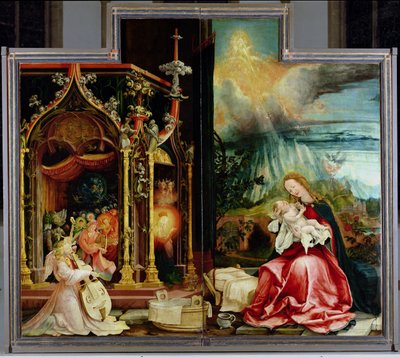 Het Isenheim Altaarstuk. Centraal paneel: Concert van Engelen en Geboorte, 1506-1515 door Matthias Grünewald