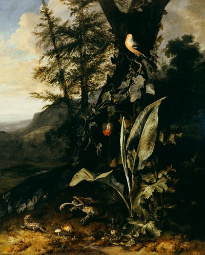 Een bosbodem met een pad en een hagedis, een goudvink op een klimop tak erboven, en een berg op de achtergrond door Matthias Withoos