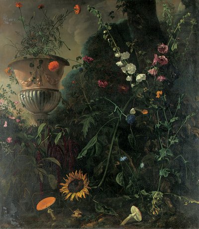 Stokrozen, rozen, een blauwe kantbloem, zonnebloem en paddestoelen, met goudsbloemen in een urn bij een boom door Matthias Withoos