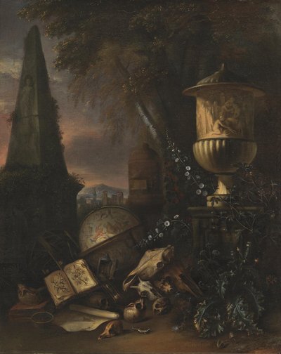 Vanitas. Stilleven in een Landschap door Matthias Withoos