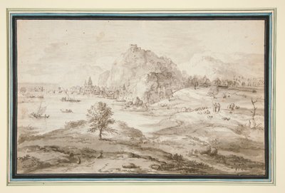 Bergachtig landschap met haven en stad door Matthys Cock
